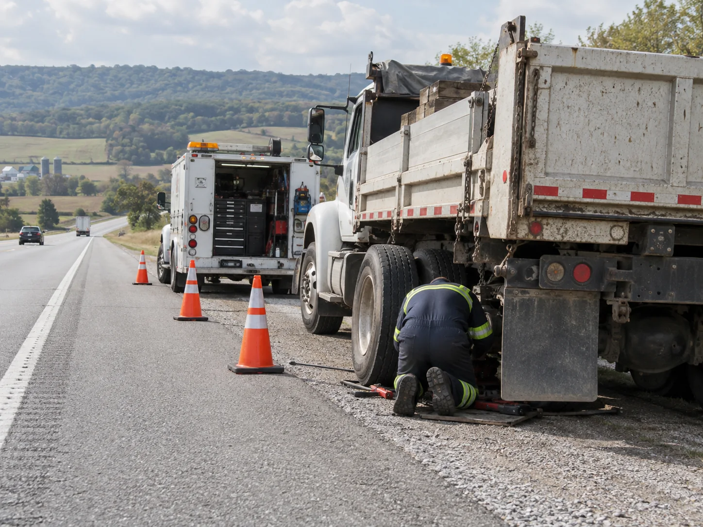Illustrative roadside repair on a work truck
